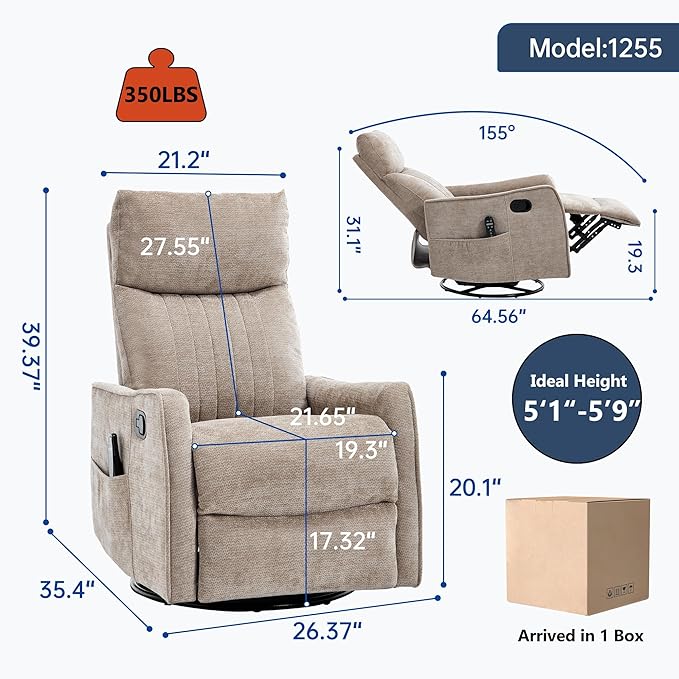 Small Swivel Rocker Recliner Chair for Nursery Heat &amp Massage Manual Upholstered 360° Fabric Glider Chair Small Recliners for Small Spaces Living Room (Khaki)