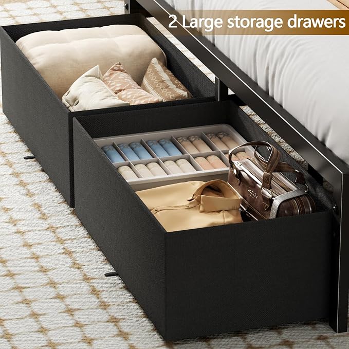 Furnulem Queen Bed Frame with Headboard Storage Platform Bed Frame Queen Size with Charging Station 2 Drawers &amp LED No Box Spring Needed Noise Free Easy Assembly Rustic Grey (1000 lbs Capaci
