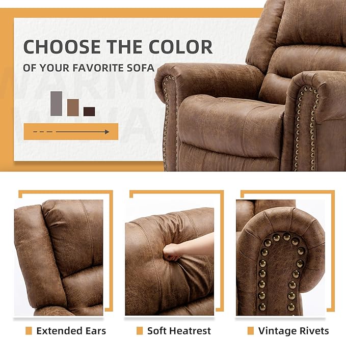 Manual Massage Recliner with Heating Function 360° Swivel Glider Rocking Recliner Chair for Living Room Ergonomic Single Sofa Chair with Remote Control/USB Ports/Side Pockets(Brown)