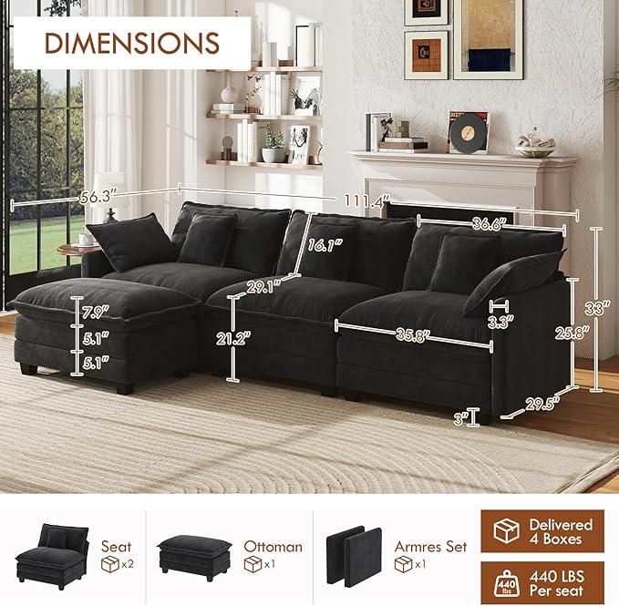 WorthFurni 111.4 Modular Cloud Couch with Ottoman Oversized Deep Seat Sectional Sofa Plush Upholstered 3-Seater Sofa with Pillows for Living Room Bedroom Comfy Modern Modular Couch (Black)