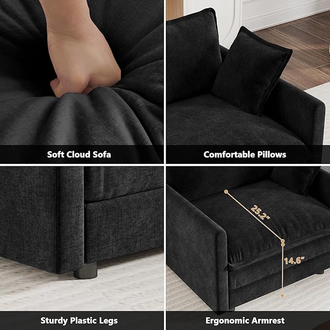 Setawix Modern Modular Sectional Sofa 111.5 Upholstered Chenille 3-Seater with 2 Movable Ottomans Comfy U-Shaped Sofa Oversized Deep Seat Cloud Couch with 5 Pillows for Living Room Black