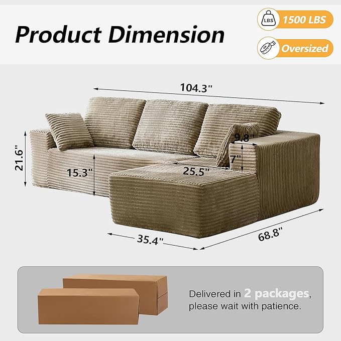 104 L-Shaped Cloud Sectional Sofa with Oversized Chaise Modular 3-Seater Corduroy Couch for Living Room &amp Bedroom Deep Seat No Assembly Required (Camel L Shape with Left FacingChaise)