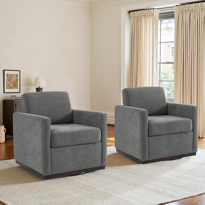 Swivel Accent Chairs Set of 2 360° Swivel Upholstered Club Armchairs for Living Room 31 Wide Square Single Sofa Reading Chair with Deep Seat Metal Swivel Base Chenille Fabric Dark Gray