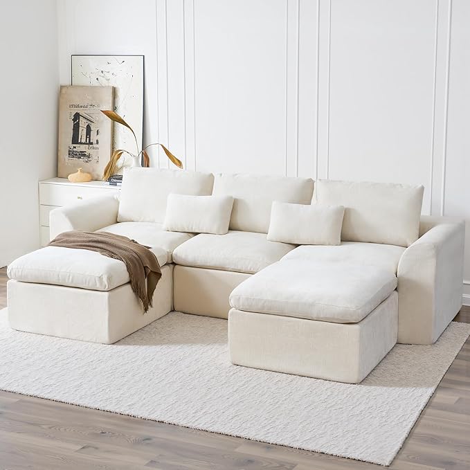 Modern Sectional Cloud Couch - 120'' Soft Modular Sectional Sofa – No Assembly Required - Deep Seat Couches with 2 Movable Ottomans - Oversized Chenille Sofa for Living Room - White