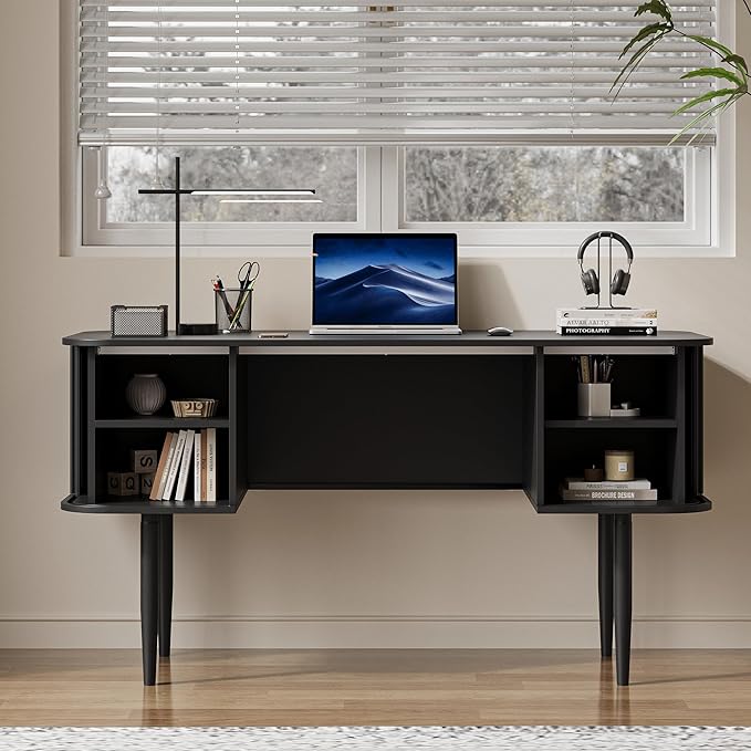 55 Modern Writing Desk with Storage Wood Home Office Desk with Sliding Doors Computer Desk for Home Office Dorm Living Room Home Study Table Black