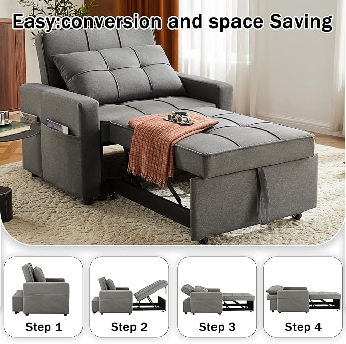 Sofa Bed Chair Convertible Sleeper Sofa with Pull-Out Bed 3-in-1 Futon Couch with Reclining Backrest and Side Pocket (Dark Grey 35.6‘)