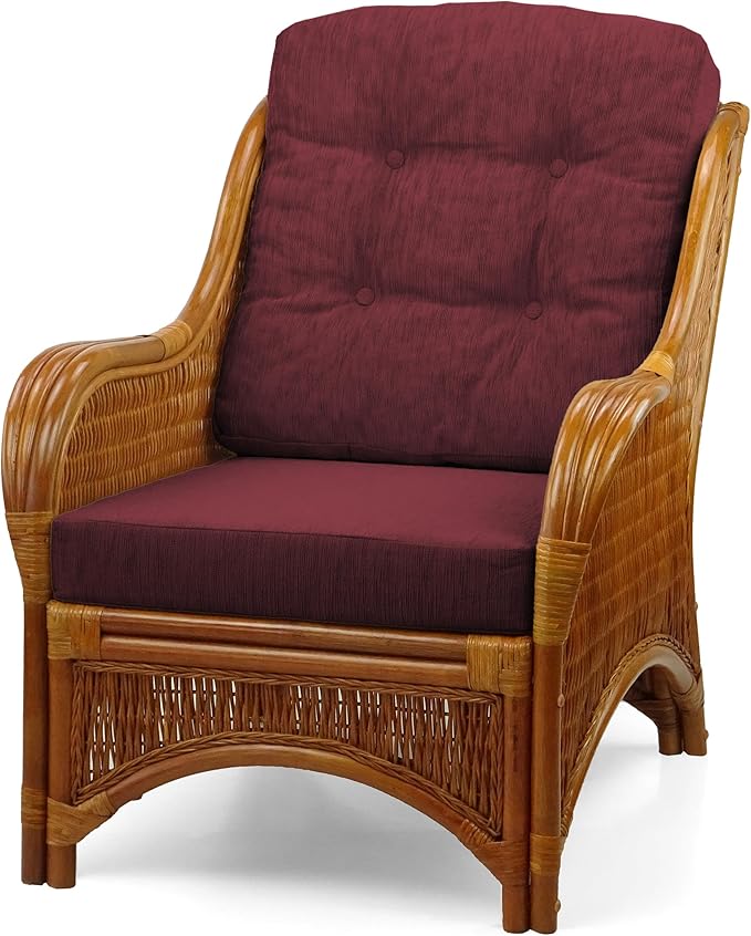 Wickerix Jam Lounge Living Accent Armchair Colonial Color Natural Rattan Wicker Handmade Design with Dark Brown Cushion