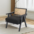 GarveeHome Mid-Century Farmhouse Accent Chair - Wood Armchair with Rattan Backrest &amp Linen Cushion for Living Room Bedroom - Black Easy Assembly