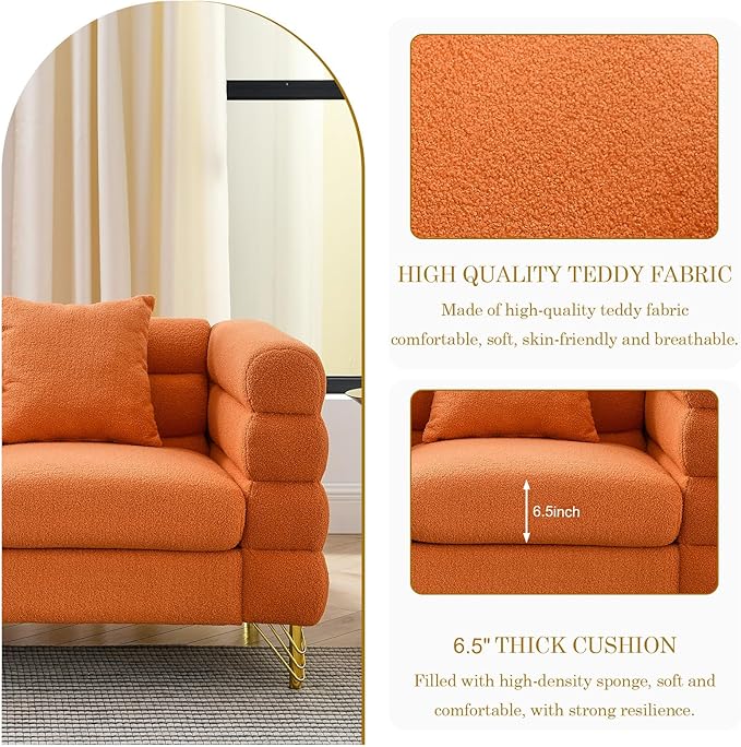 2 Pieces Cloud Sofa Set Teddy Bouclé 3 Seater Couch Sets Upholstered Tufted Modern Sofa with Gold Legs &amp Pillows Comfy Deep Seat Sherpa Couch for Living Room Bedroom Office Apartment(Orange)