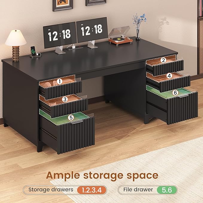 SEDETA 55.1 Fluted Office Desk with 6 Drawers Modern Executive Desk with Acrylic File Drawers Computer Desk with Power outlets for Home Office and Study (Black)