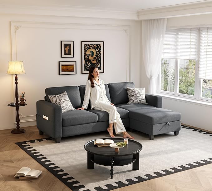 Youmumeub Sectional Couches for Living Room - Convertible Sofa and Storage Bench79''Modern Corner ConfigurationSuitable for Living Room Apartment Bedroom and Office-Dark Gray | Washable Covers Re