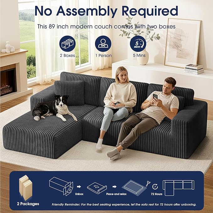 KINGYES 107'' Modular Sectional Sofa L Shaped Cloud Couch for Living Room Modern Plush Corduroy Boneless Sofa with Chaise for Bedroom Gray