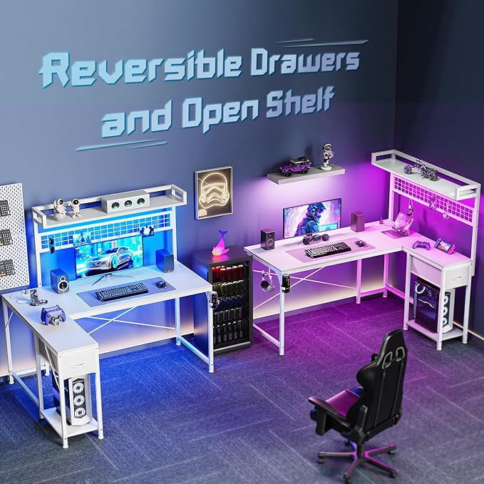 PRAISUN L Shaped Gaming Desk with Shelves Corner Computer Table with LED Lights Power Outlets and USB-C Ports 50 Inch Reversible Home Office Desk with Storage Drawer for Work and Study White