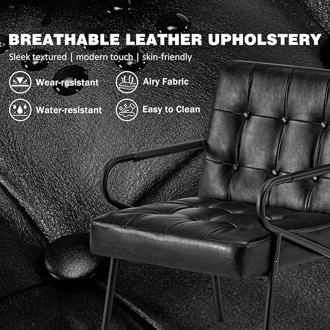Modern Leather Accent Chair Comfy Reading Arm Chairs Ergonomic Lounge with Extra Soft Pocket Spring Cushion for Living Room Waiting Room Bedroom Office 300lbs Capacity Black