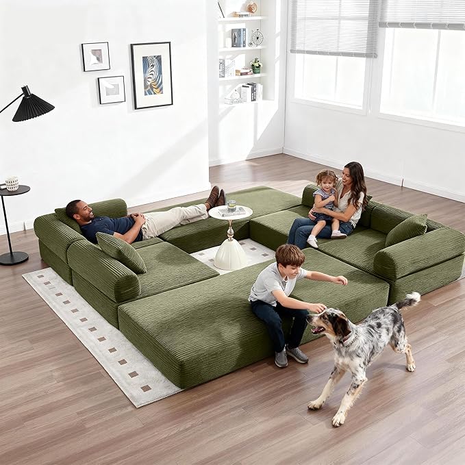 L Shape Convertible Sofa Bed with Cylindrical Pillow and Storage Pocket Convertible Sofa Couch Bed with Support Frame for Living Room Bedroom Children Room-Oliver Green
