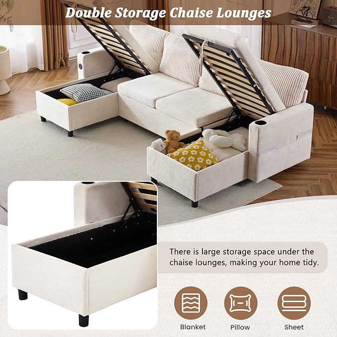111.8 Sectional Sofa Pull-Out Sofa Bed with Double Storage Chaise Lounge Versatile Sofa Sleeper Couch with Cup Holders and USB Ports for Living Room Appartment Office (Beige-CF)