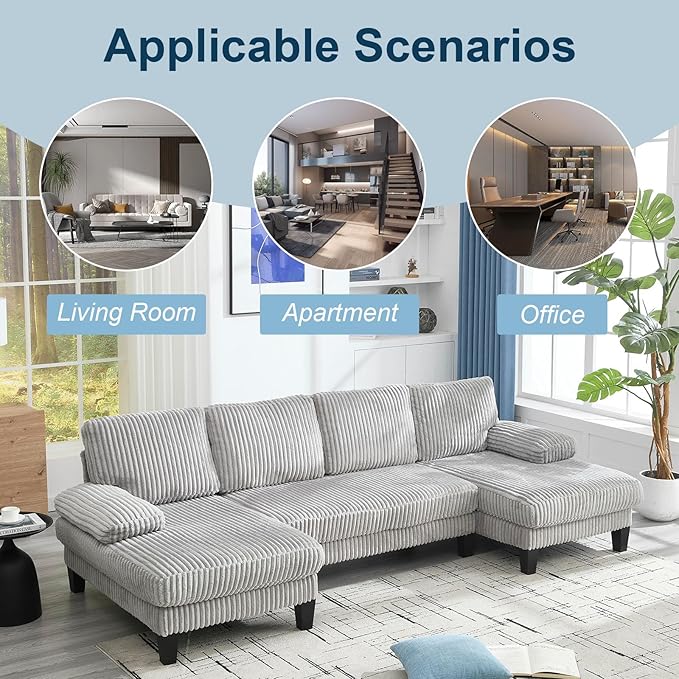 114 Cloud Couch Modular Sectional Sofa Convertible U-Shaped Couch with Double Chaise Lounge Corduroy Upholstery Sofa Double Cushions Deep Seat Sleeper Sofas Couches for Living Room Light Grey