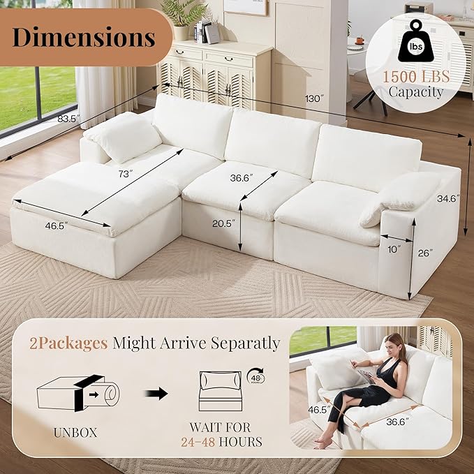 Jocisland 130 Cloud Modular Sectional Sofa No-Assembly Oversized Chenille Couch with 83.5 Extra-Deep Chaise Modern White Cloud Couch for Living Room