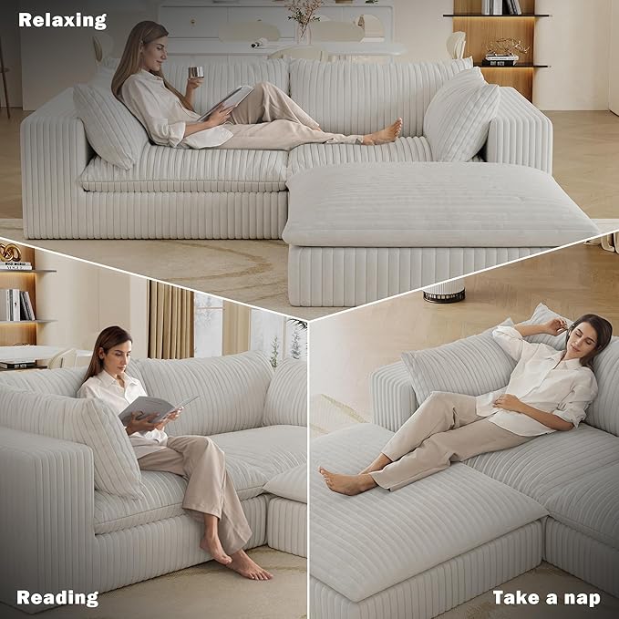 Boneless Corduroy Modular Couch with Ottoman 78.8 Comfy Cloud Couch for Small Spaces Deep Seat &amp Memory Foam No Assembly Required Compression Couches for Small Spaces (White - Ottoman) | Fluf
