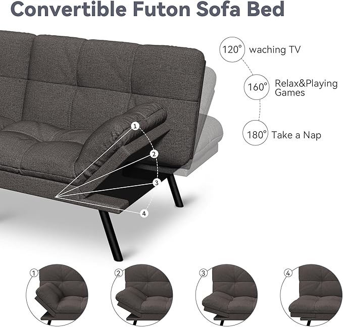 Vyfipt Convertible Futon Sofa Bed 71 Memory Foam Futon Couch with DetachableAdjustable BackrestLinen Fabric Folding Small Loveseat Sleeper for for Living RoomRVOfficeApartmentDark Grey