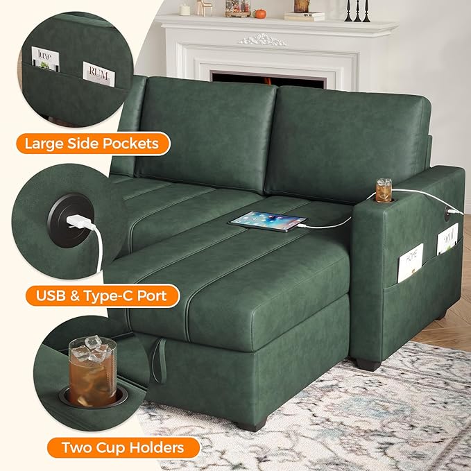 Fadware 89” L Shape Sofa Sleeper Sectional Sofa Bed with Hidden Storage&amp Side Pocket Anti-scratch Faux Leather Couch Bed with ChargePort&amp CupHolder Modern Piano Design Pull Out Couch for Li