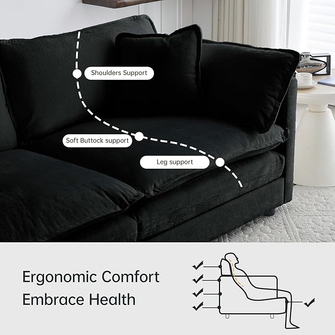 Modular Sectional Sofa 111.5 Inch L-Shaped Cloud Sofa with Deep Seat Chenille Sofa with Cushions Three-Self Sectional Sofa for Living Room ApartmentBlack
