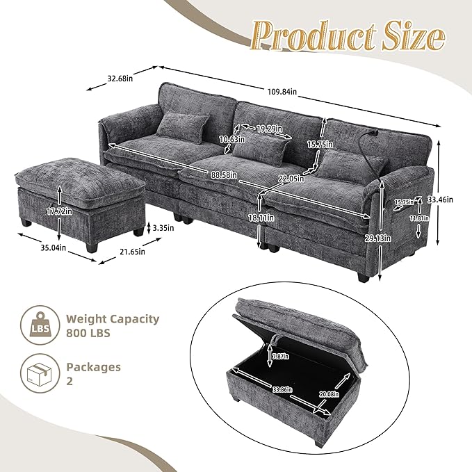 KEIKI 110 L-Shaped Boucle Modular Sectional Chenille Sofa with 1 Ottoman &amp Memory Foam Cushion &amp Phone Holder &amp USB Upholstered Modern Oversized 4-Seater Couch Easy Assembly for Living