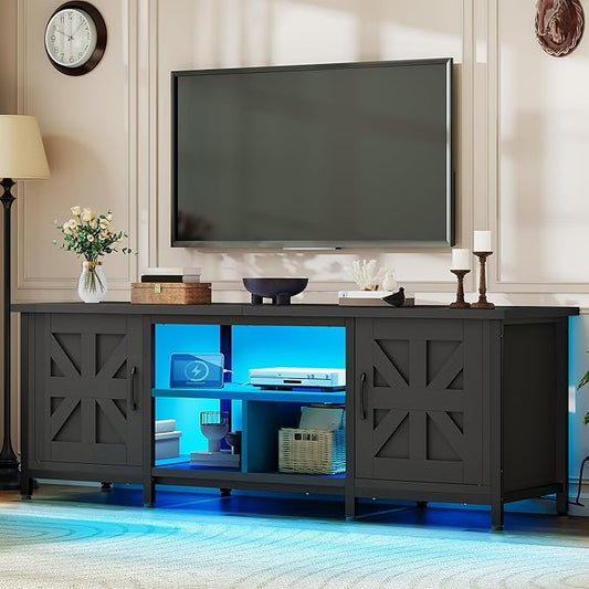 YITAHOME TV Stand with LED Lights &amp Charging Station Farmhouse Entertainment Center with Storage Cabinets &amp Shelves Cross-Pattern Doors Fits TVs up to 70'' TV Consoles for Living Room Bla