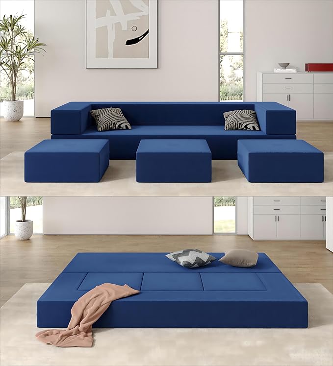 80'' Folding Sofa Bed Velvet Floor Couch Bed with 3Ottomans&amp Washable Cover Memory Foam Couch Fold Out Futon Sleeper for Guest/Living Room/Playroom Queen Blue