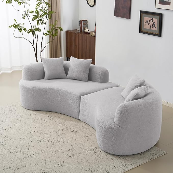 106”Curved Sectional Sofa Cloud Sectional Couch with Deep Seat and 4 Throw Pillows Plush Teddy Fabric Suitable Living Room Bedroom Cloud Couch No Assembly Needed Grey