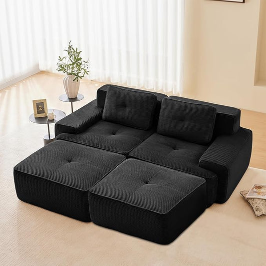 82 Modern Compressed Boneless Love Seat Couches with 2 Ottomans 2 Seater Large Sectional Couches for Living Room Black Corduroy Cloud Modular Sectional Sofa Memory Foam Deep Loveseat No Assembly