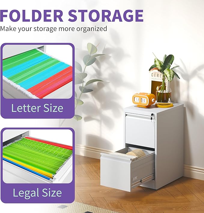 2 Drawer Small File Cabinet with LockUnder Desk Storage Organizer Metal Filing Cabinets for Home Office Locking Drawers for A4 Legal/Letter SizeWhite