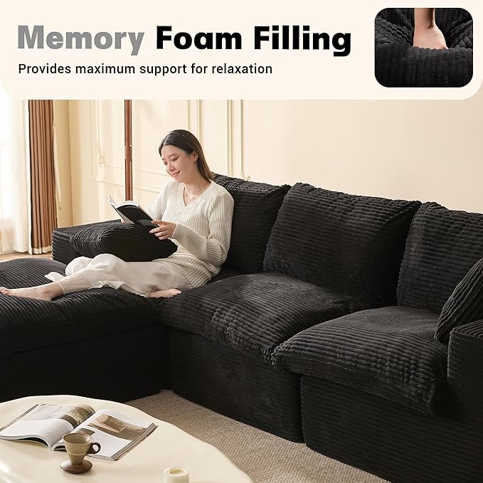 106.3” Sectional Couches for Living Room Set of Cloud Couch Modular Sectional Sofa Convertible Sofas Bed Deep Seat Sofa L Shaped Cozy Sofa Furniture Set Corduroy Black