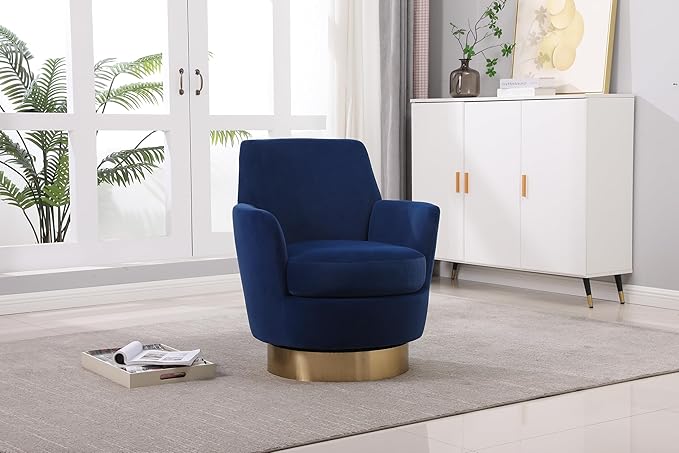 Velvet Swivel Barrel Chair Armchair for Living Room Reading Chairs for Bedroom Comfy Round Barrel Chairs with Gold Stainless Steel Base for Living Room Bedroom Reading Room (Navy)