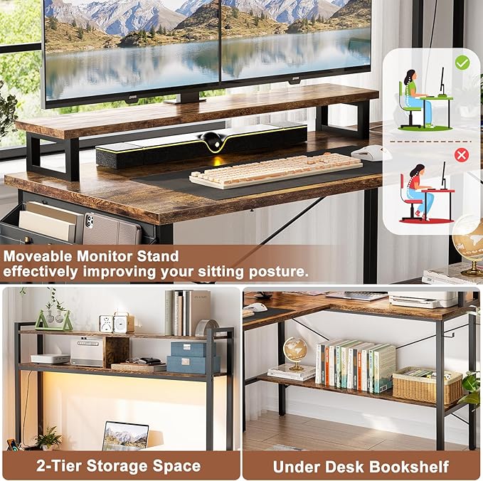 Aheaplus L Shaped Gaming Desk with Power Outlets &amp LED Lights Small L-Shaped Desk Computer Corner Desk with Monitor Stand &amp Storage Shelf Home Office Desk Writing Desk with Storage Bag Rust