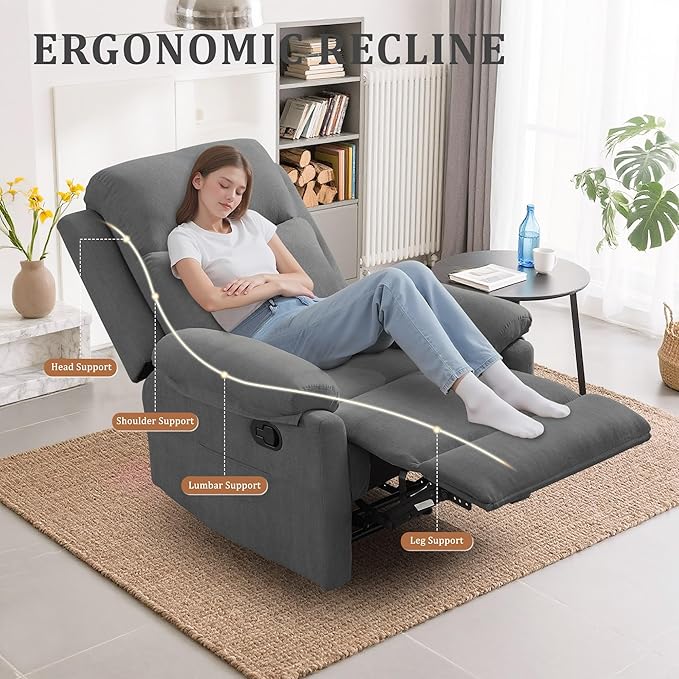 Recliner Chair Manual Recliner for Adults with Side Pocket Small Recliners for Small Spaces Adjustable Comfy Overstuffed Corduroy Reclining Chairs for Living Room Reading Bedroom Grey