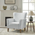 HULALA HOME Farmhouse Wingback Accent Chair Upholstered Striped Armchair with Solid Wood Legs Thick Seat Cushion for Living Room or Bedroom Navy