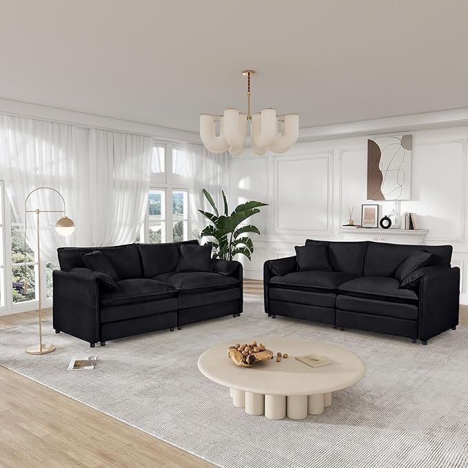 Oversized Cloud Modular Couches Sets2 Pieces Sectional Loveseat Sofa4-Seater Modern Chenille Upholstered Sofas Set for Office Apartment with 4 PillowsBlack