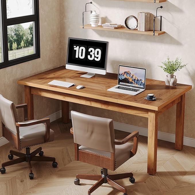 Tribesigns 70 Inch Large Computer Desk Farmhouse Office Desk Writing Study Desk with Solid Wood Leg's Executive Desk with Thickened Frame and Board