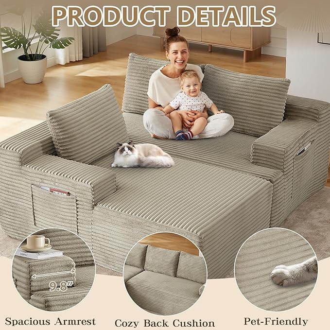 96 Modular Sectional Sofa Modern Corduroy L Shaped Cloud Couch with Side Pockets Boneless Upholstered Couches with Deep Seat for Living Room No Assembly Required (Camel Left Facing Chaise)
