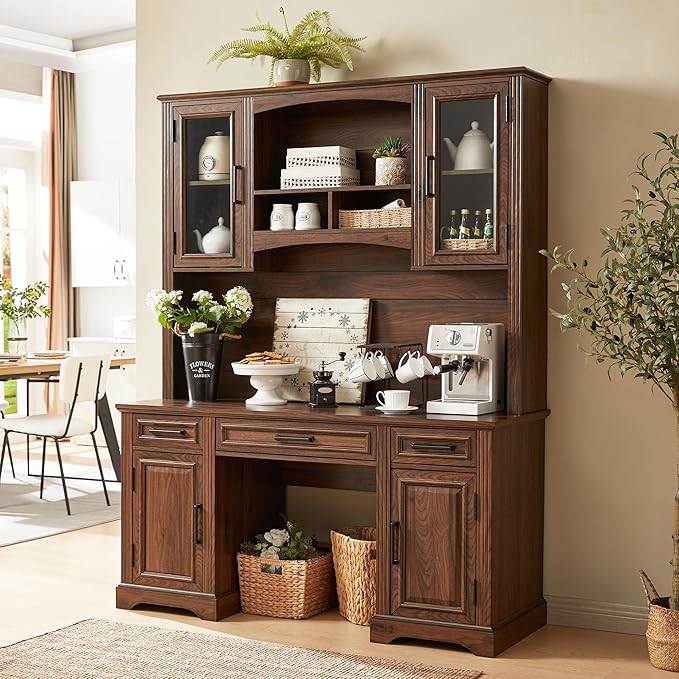 JXQTLINGMU Farmhouse 76 Height Computer Desk with Hutch Office Desk with Charging Station Drawers and Storage Cabinet Workstation for Office Home Brown
