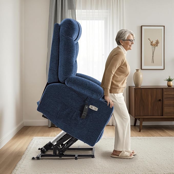 MCombo Power Lift Recliner Chair with Extended Footrest for Elderly People Fabric 7283 (Navy Blue Large)