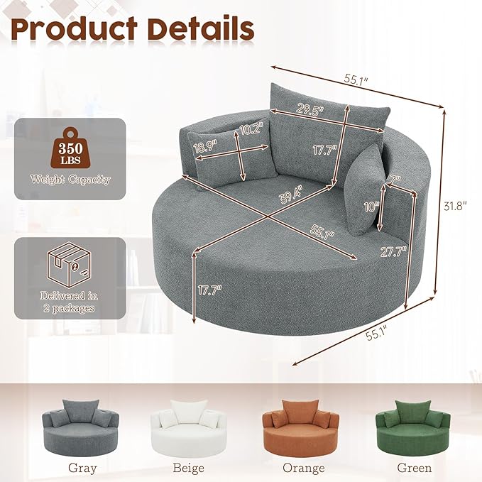 Antetek 360-Degree Swivel Accent Chair Oversized Modern Comfy Chenille Round Swivel Chaise Lounge Sofa Chair with Backrest Cushion &amp 2 Throw Pillows for Living Room Bedroom Office Gray