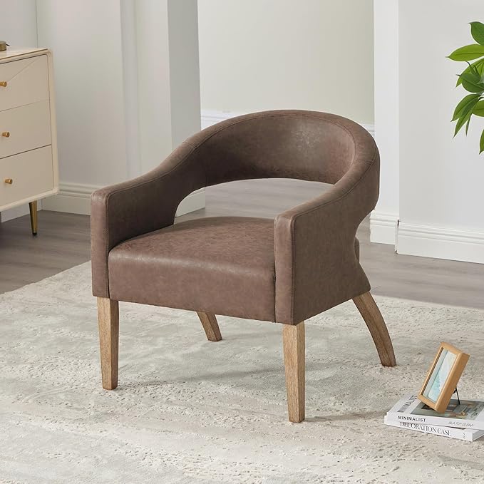 Modern Accent Chair Upholstered PU Leather Barrel Armchairs with Rubberwood Legs Comfy Lounge Arm Chair Hollow-Out Side Club Chair for Living Room Bedroom Office (Coffee-Wide)