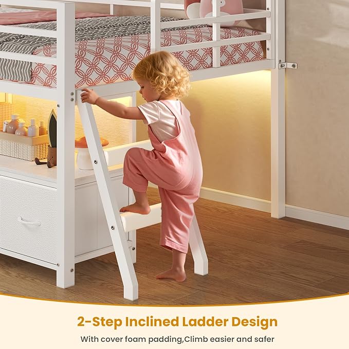 ADORNEVE Low Loft Bed Twin Size with 7 Storage Drawers Bookcase and LED Lights Metal Kids Loft Bed with 14 H Safety GuardrailInclined Ladder and Play Curtain Under-Bed Play Space White