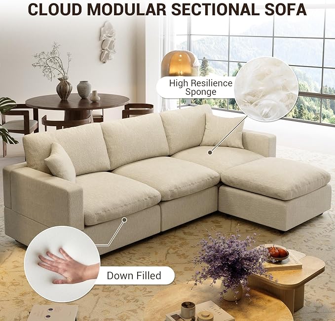 Modular Cloud Sectional Couches for Living Room95.4 L-Shape Couch with Chaise Ottoman3 Seater Down Filled SofaDetachable Couch Cushion CoversBeige