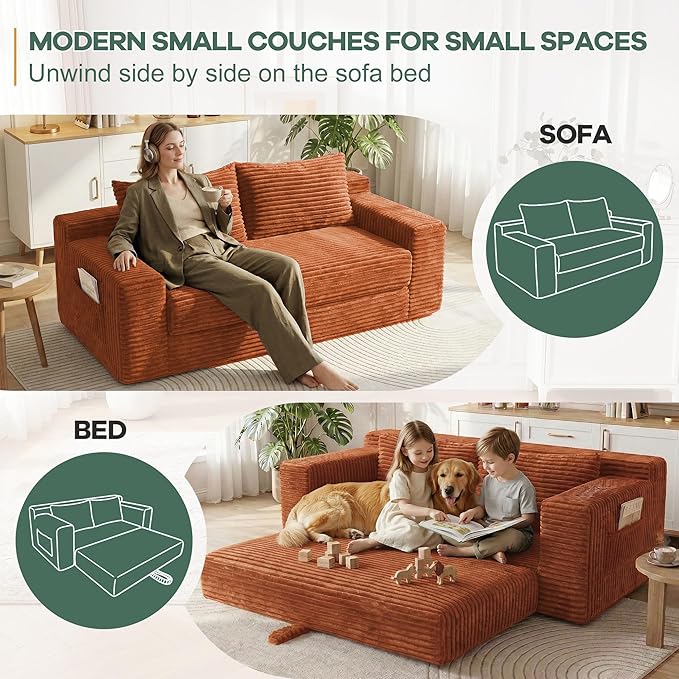 73 Convertible Sofa Bed 2 in 1 Folding Couch Bed Boneless Couch in a Box Cloud Loveseat Sleeper Fold Out Comfy Floor Futon Sofa with 2 Pillows for Living Room Bedroom No Assembly (Orange 73)