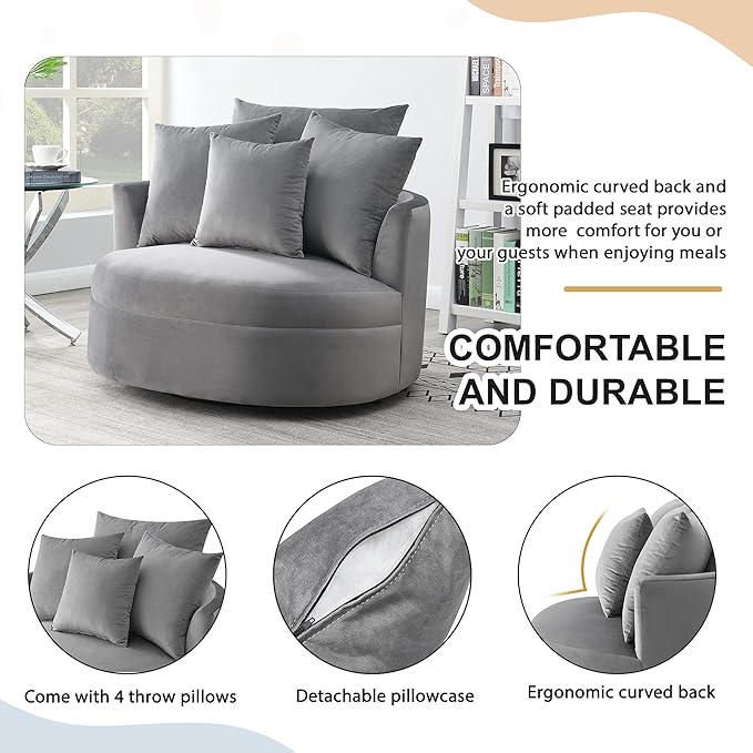 Modern Velvet Leisure Chair 360° Swivel Barrel Chair with 4 Movable Pillows and Metal Base Perfect for Living Room Bedroom Office Reception Area (Gray/Velvet+S)