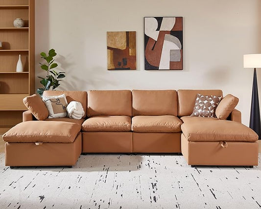 WEUP 130 Faux Leather Sectional Couch U Oversized Shaped Modular Sofa with Storage Ottoman Scratch Resistant Leather Sofa Spacious Deep Seat Mid Century Modern Couches for Living Room Brown
