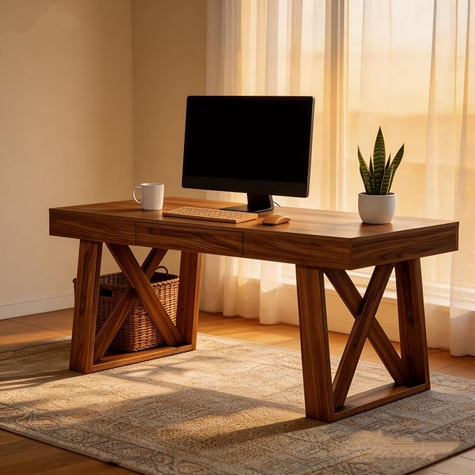 Tribesigns 55 Inch Walnut Computer Desk with Drawer Mid-Century Farmhouse Executive Desk Rustic Wide Desktop Home Office Desk for Workstation